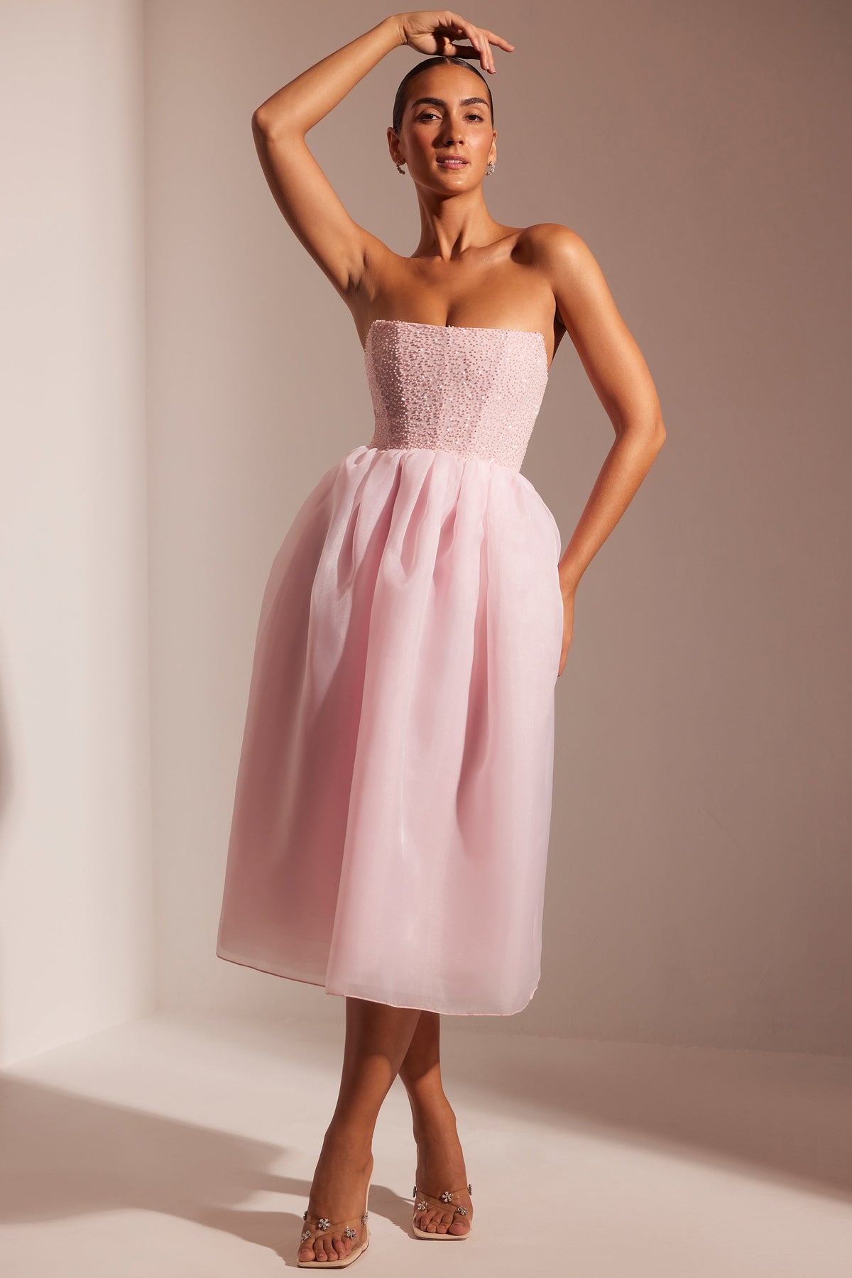 Embellished Corset Tulle Skirt Midi Dress in Blush – view 1