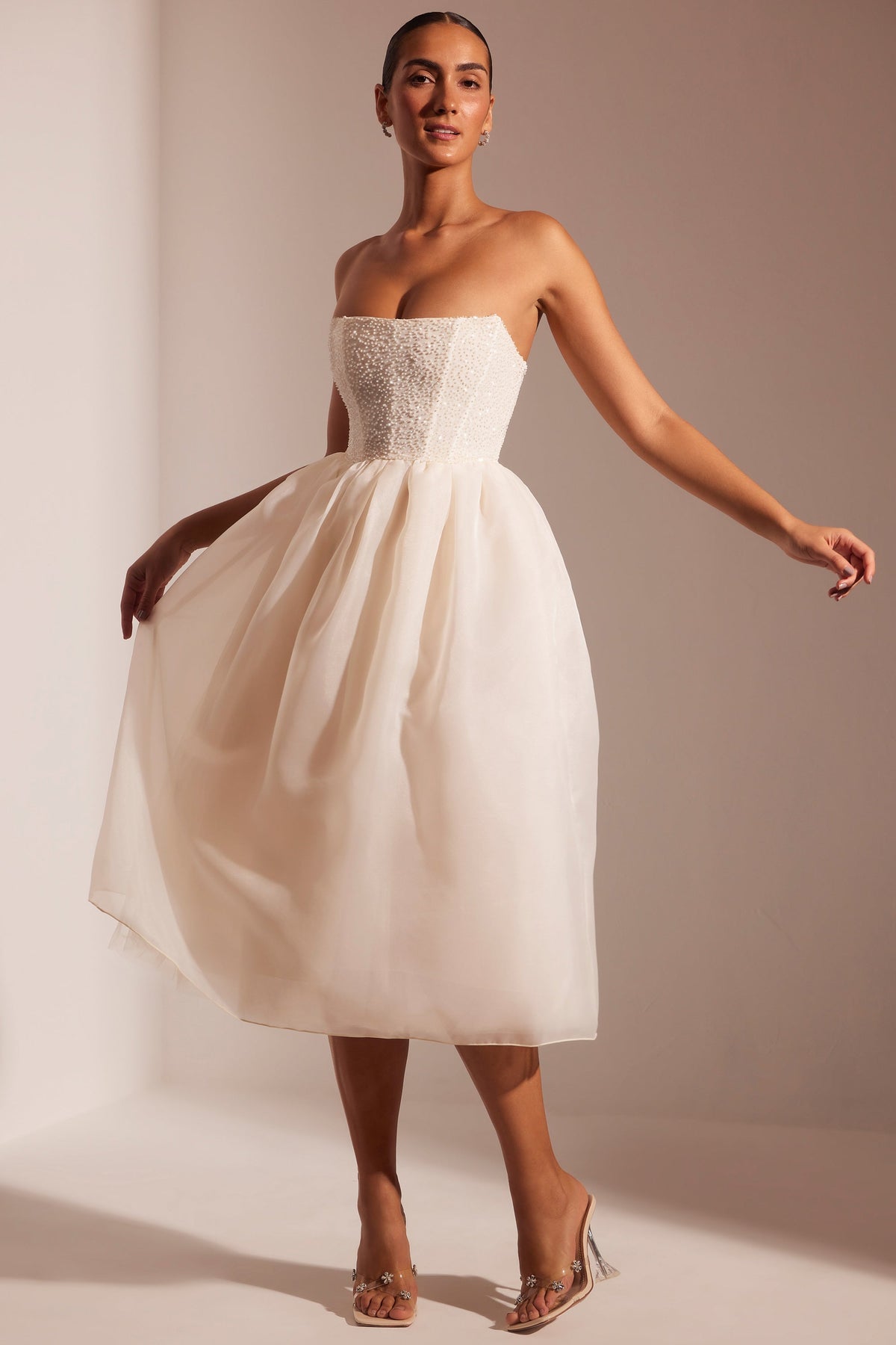 Embellished Corset Tulle Skirt Midi Dress in Ivory – view 8
