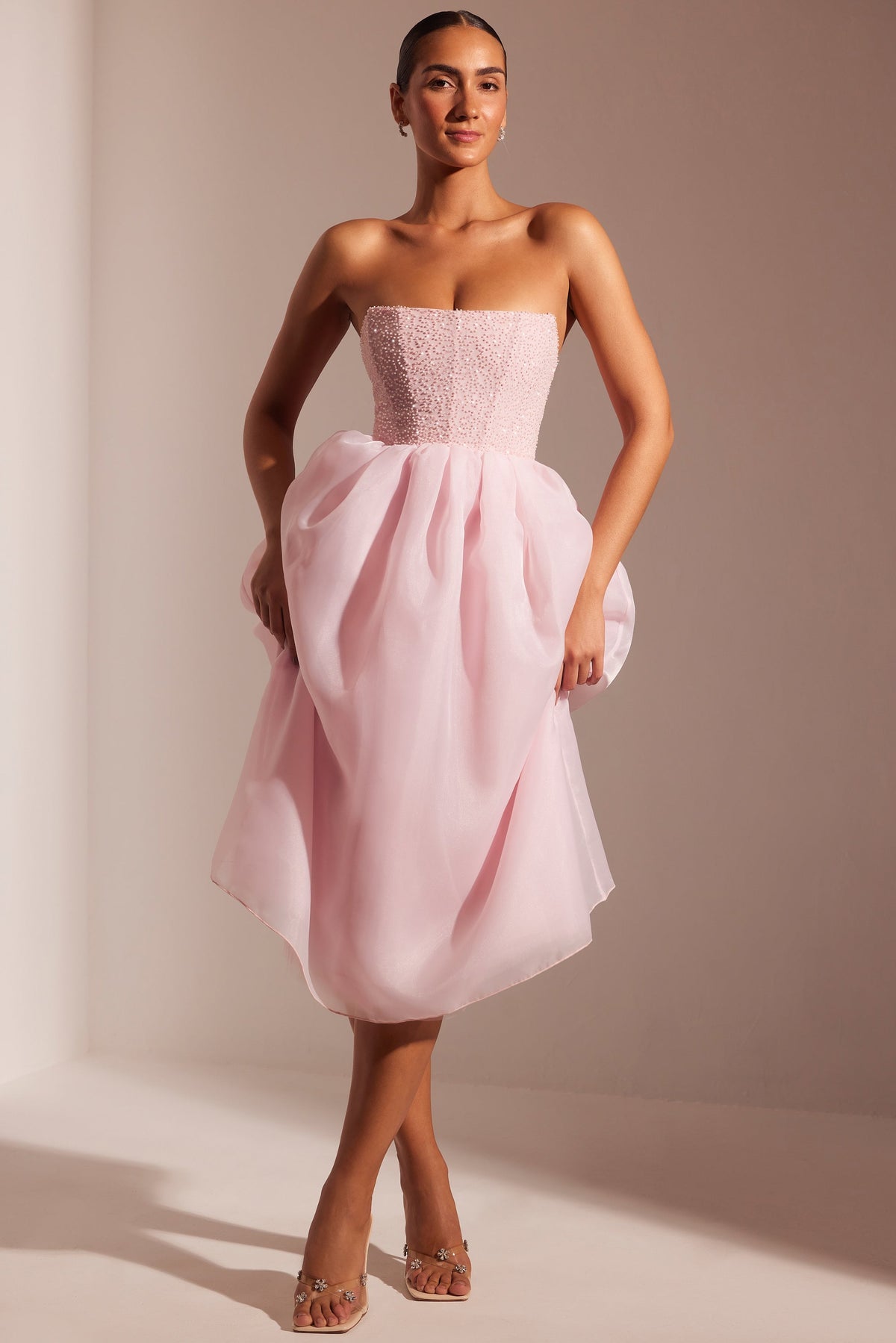 Embellished Corset Tulle Skirt Midi Dress in Blush – view 7