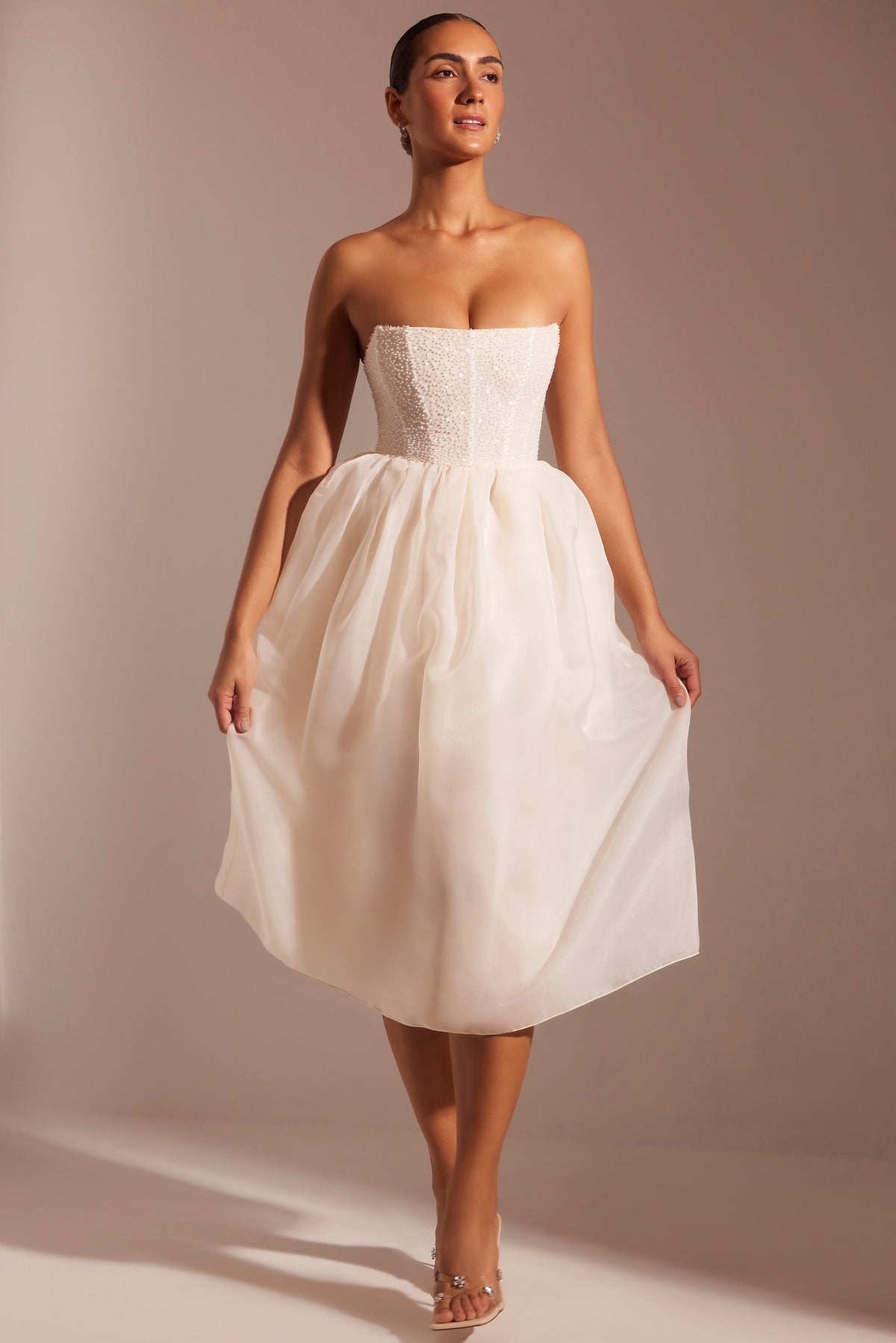 Embellished Corset Tulle Skirt Midi Dress in Ivory – view 9
