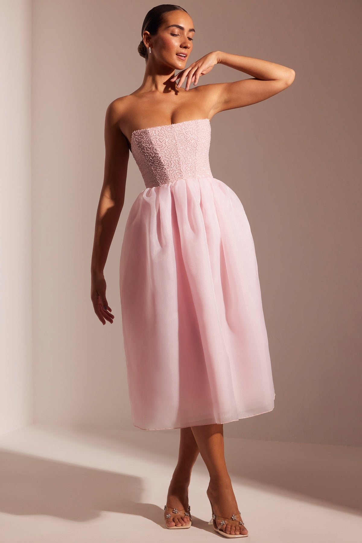 Embellished Corset Tulle Skirt Midi Dress in Blush – view 9