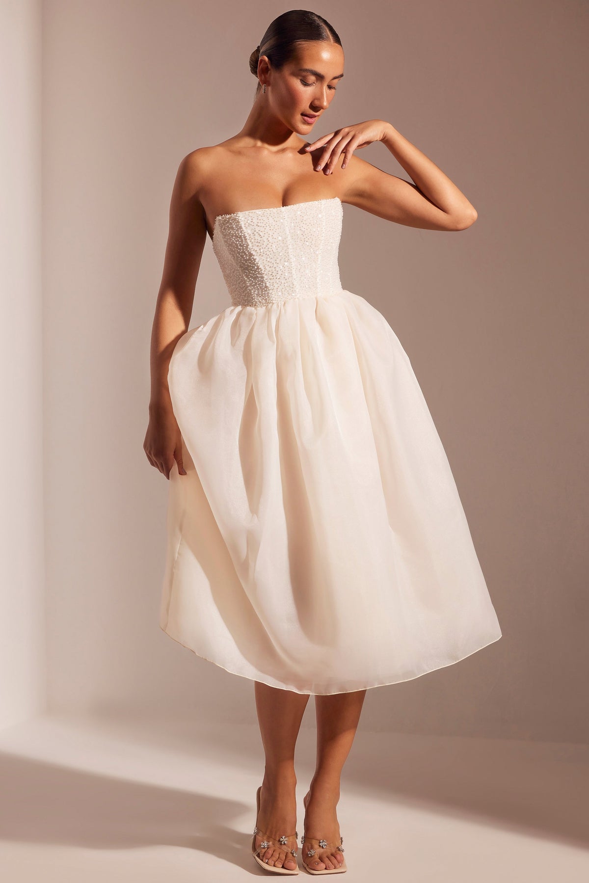 Embellished Corset Tulle Skirt Midi Dress in Ivory – view 10