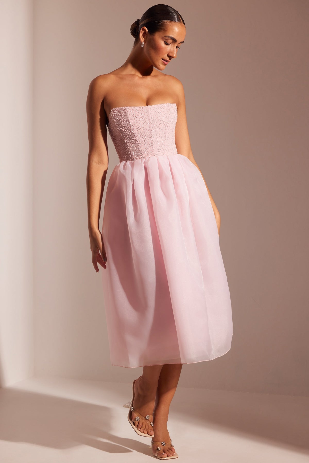Embellished Corset Tulle Skirt Midi Dress in Blush – view 10