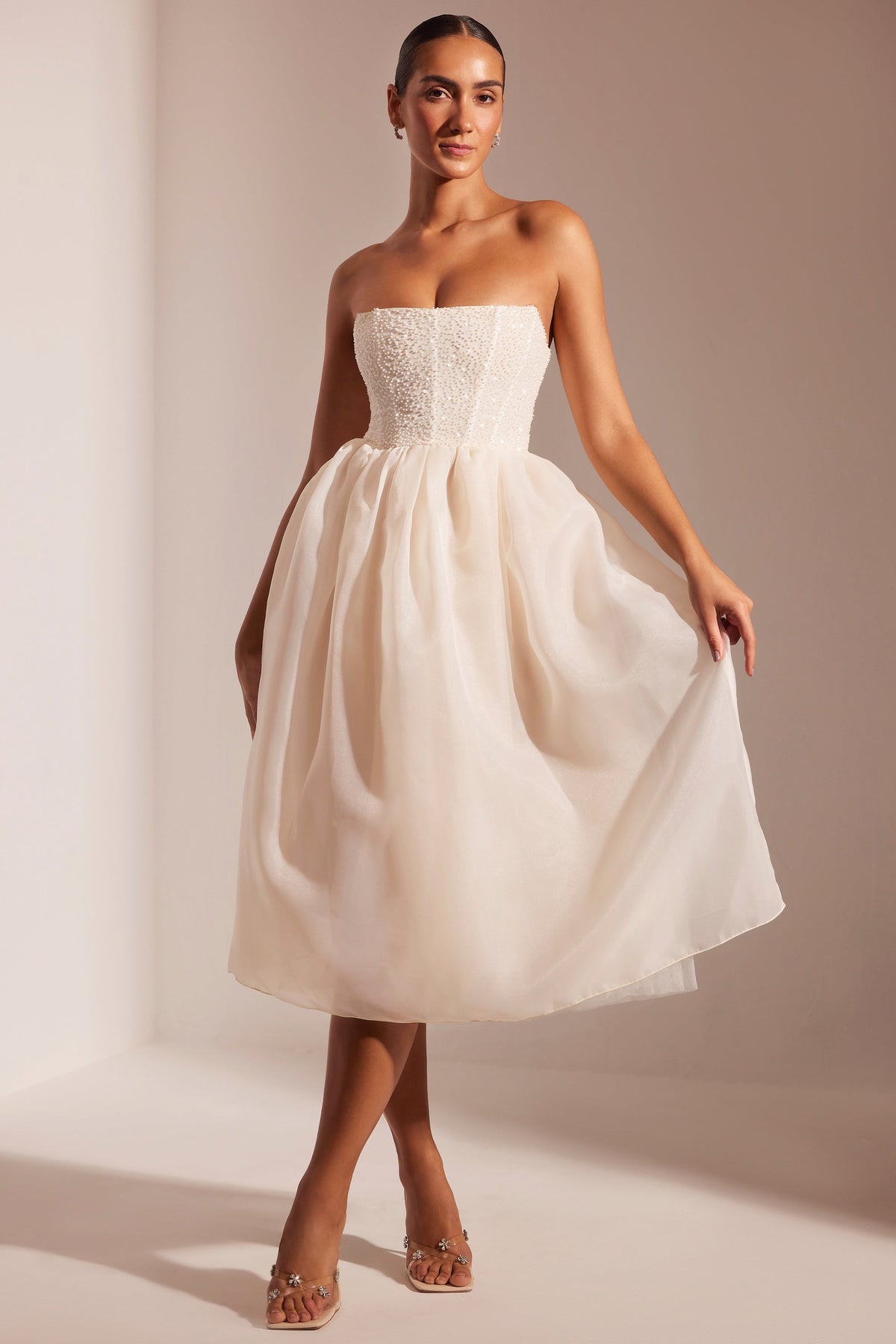 Embellished Corset Tulle Skirt Midi Dress in Ivory – view 6