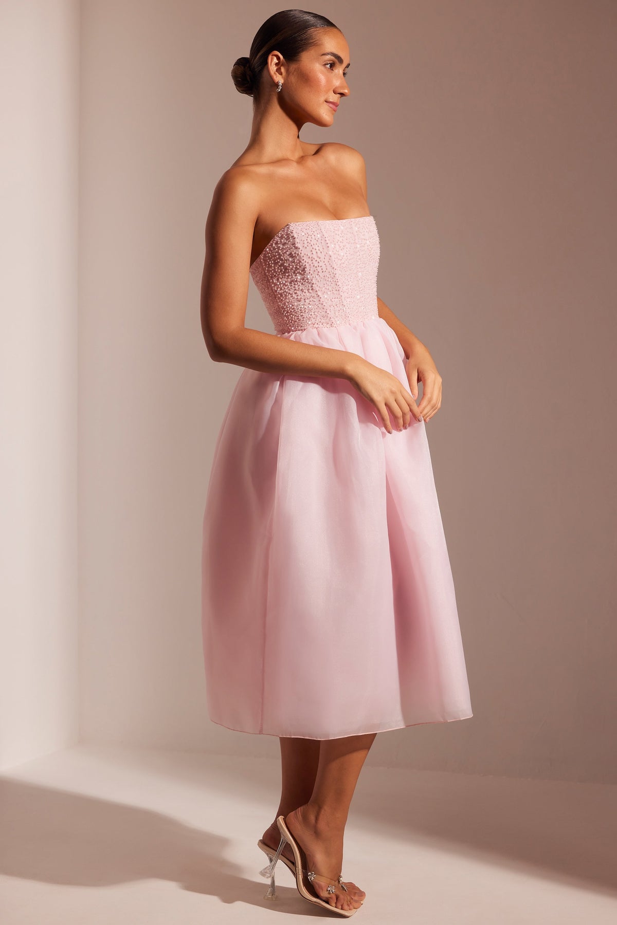 Embellished Corset Tulle Skirt Midi Dress in Blush – view 3