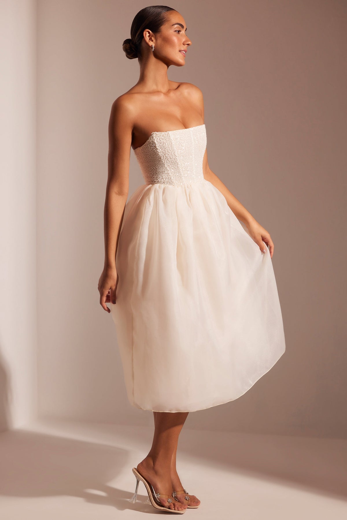 Embellished Corset Tulle Skirt Midi Dress in Ivory – view 3