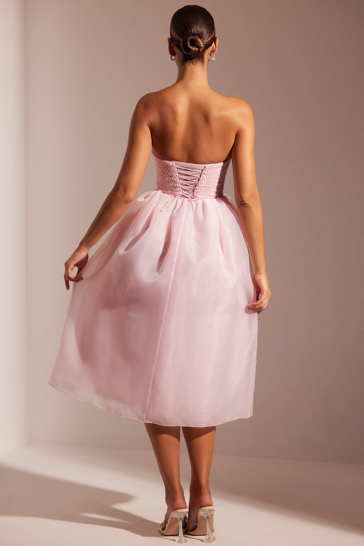Embellished Corset Tulle Skirt Midi Dress in Blush – view 2