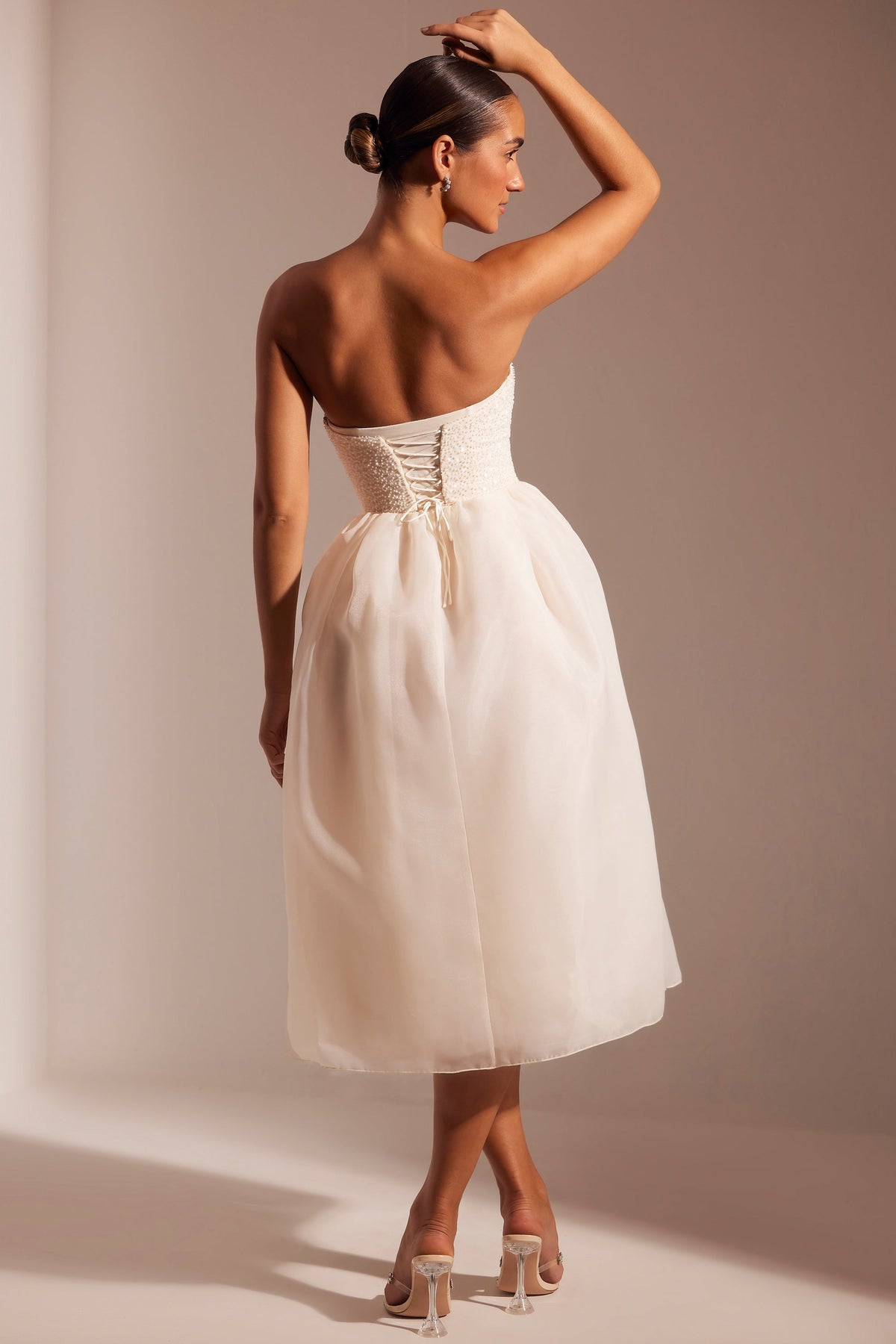 Embellished Corset Tulle Skirt Midi Dress in Ivory – view 2