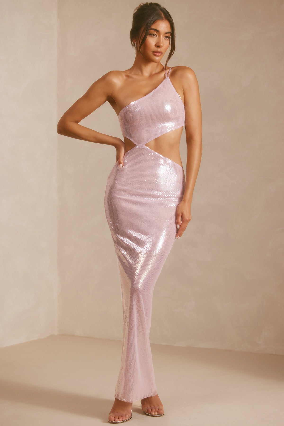 Sheer Sequin One Shoulder Cut Out Maxi Dress in Lilac – view 15