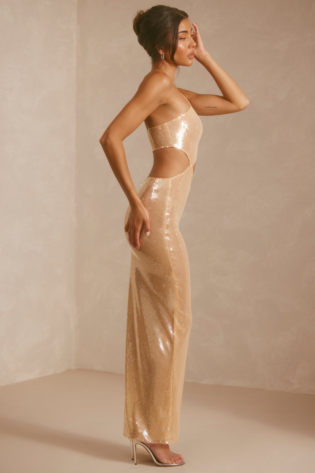 Sheer Sequin One Shoulder Cut Out Maxi Dress in Tan – view 11