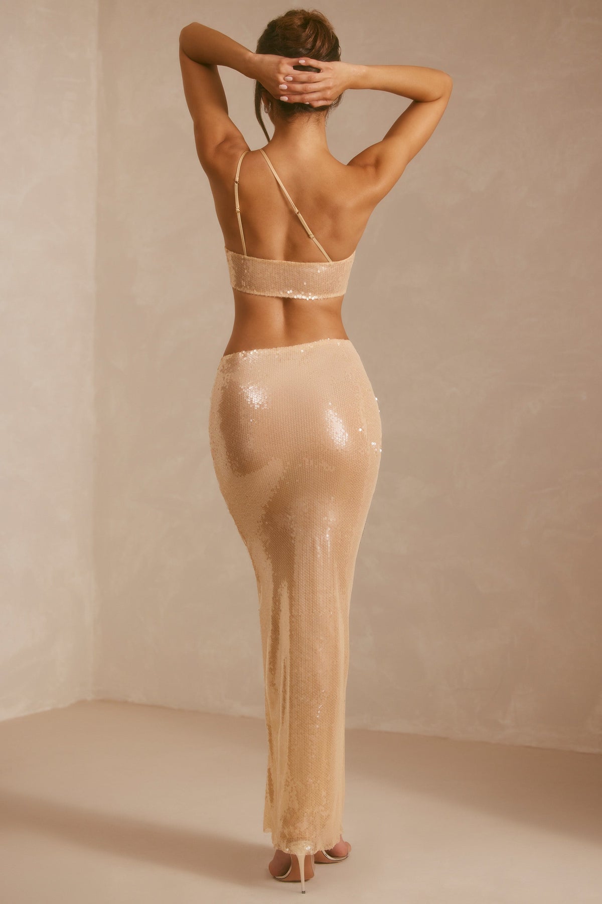 Sheer Sequin One Shoulder Cut Out Maxi Dress in Tan – view 10