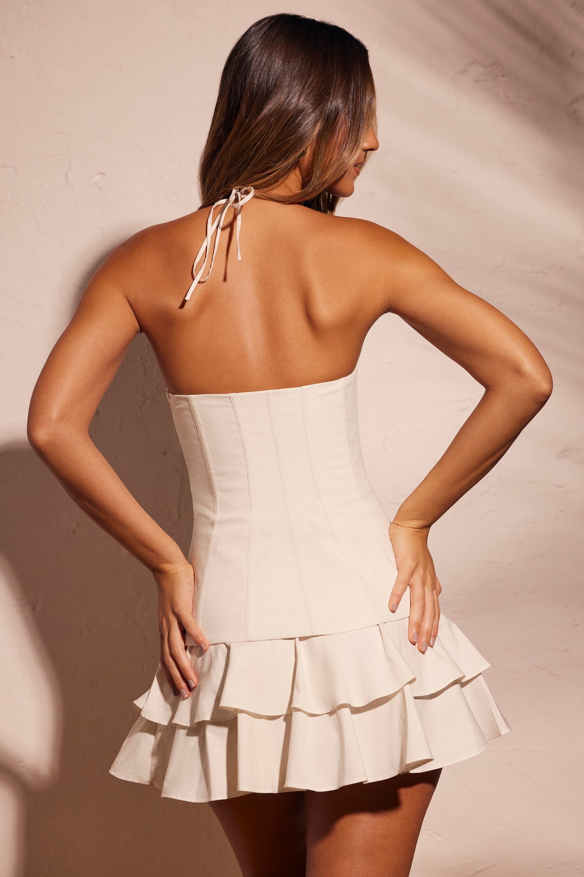 Frill Hem Corset Cotton Mini Dress in Ecru – view 2