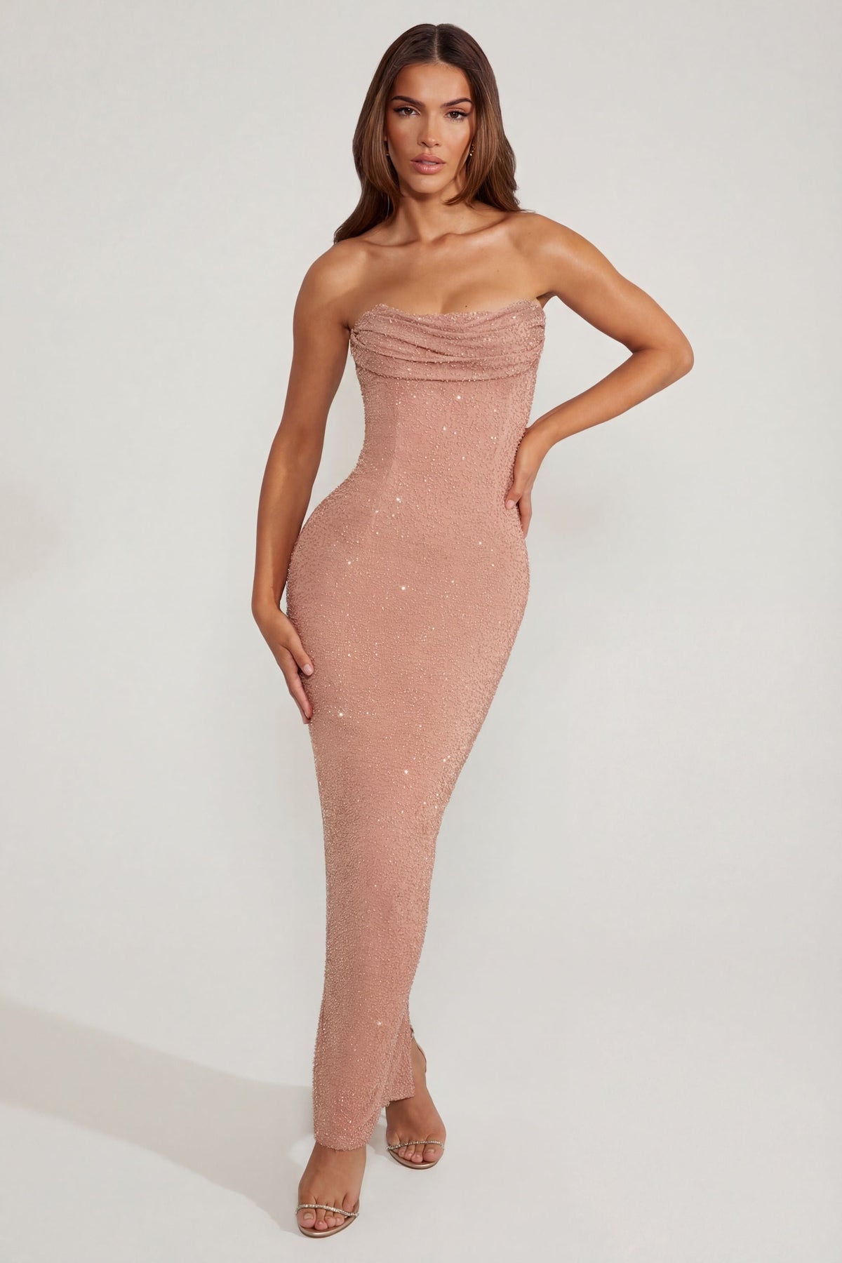 Embellished Bandeau Cowl Neck Maxi Dress in Beige – view 5