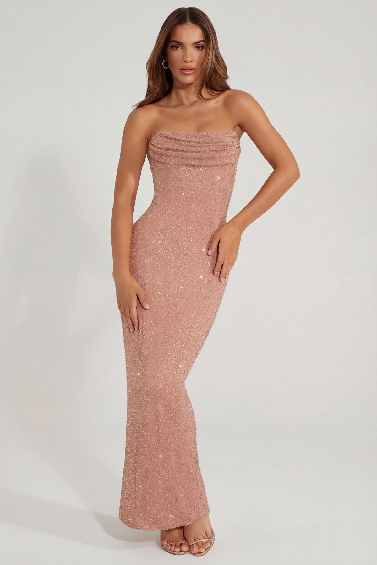 Embellished Bandeau Cowl Neck Maxi Dress in Beige – view 8