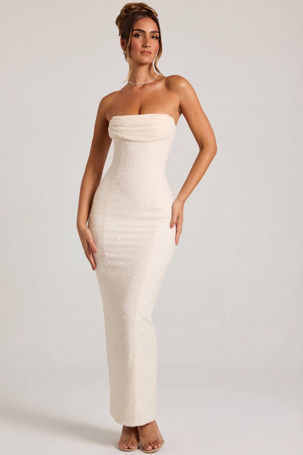 Embellished Bandeau Cowl Neck Maxi Dress in White – view 4