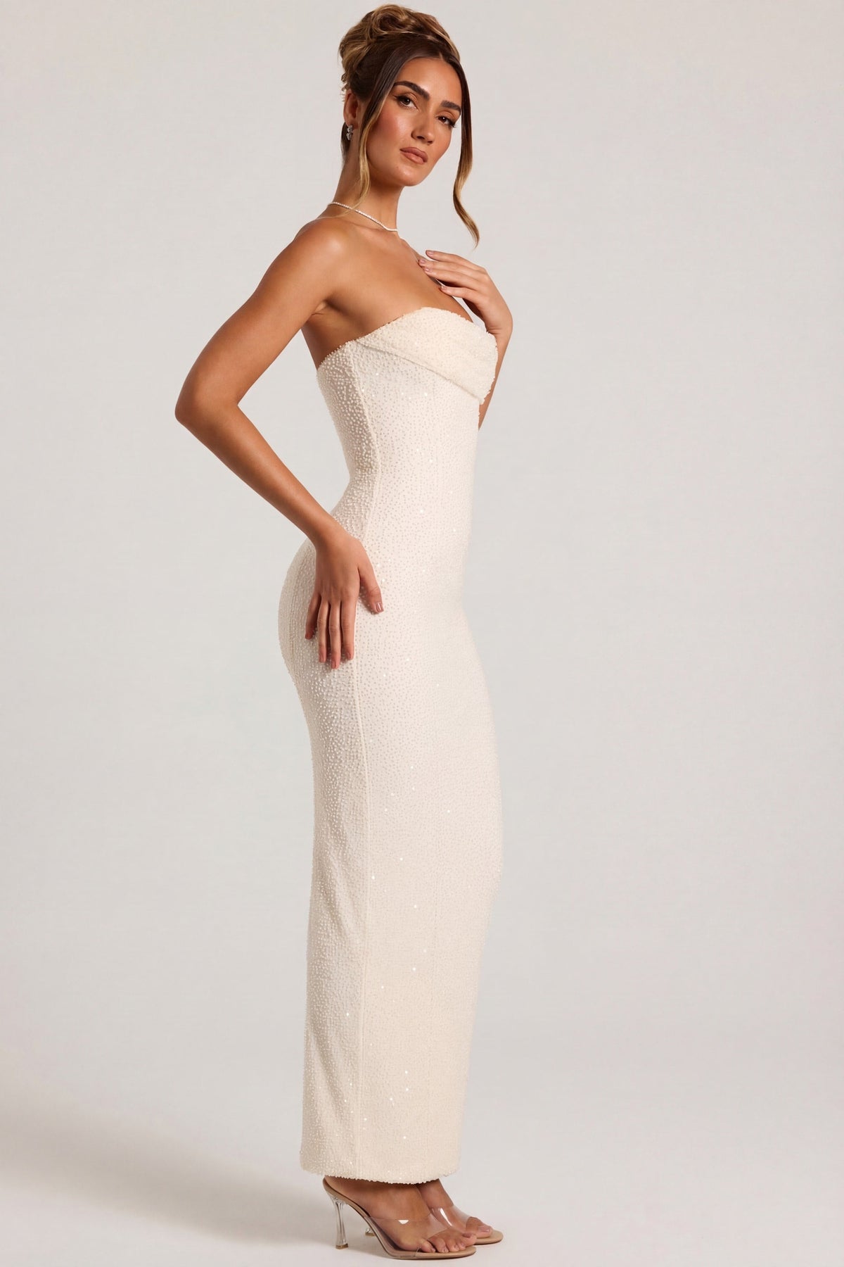 Embellished Bandeau Cowl Neck Maxi Dress in White – view 3