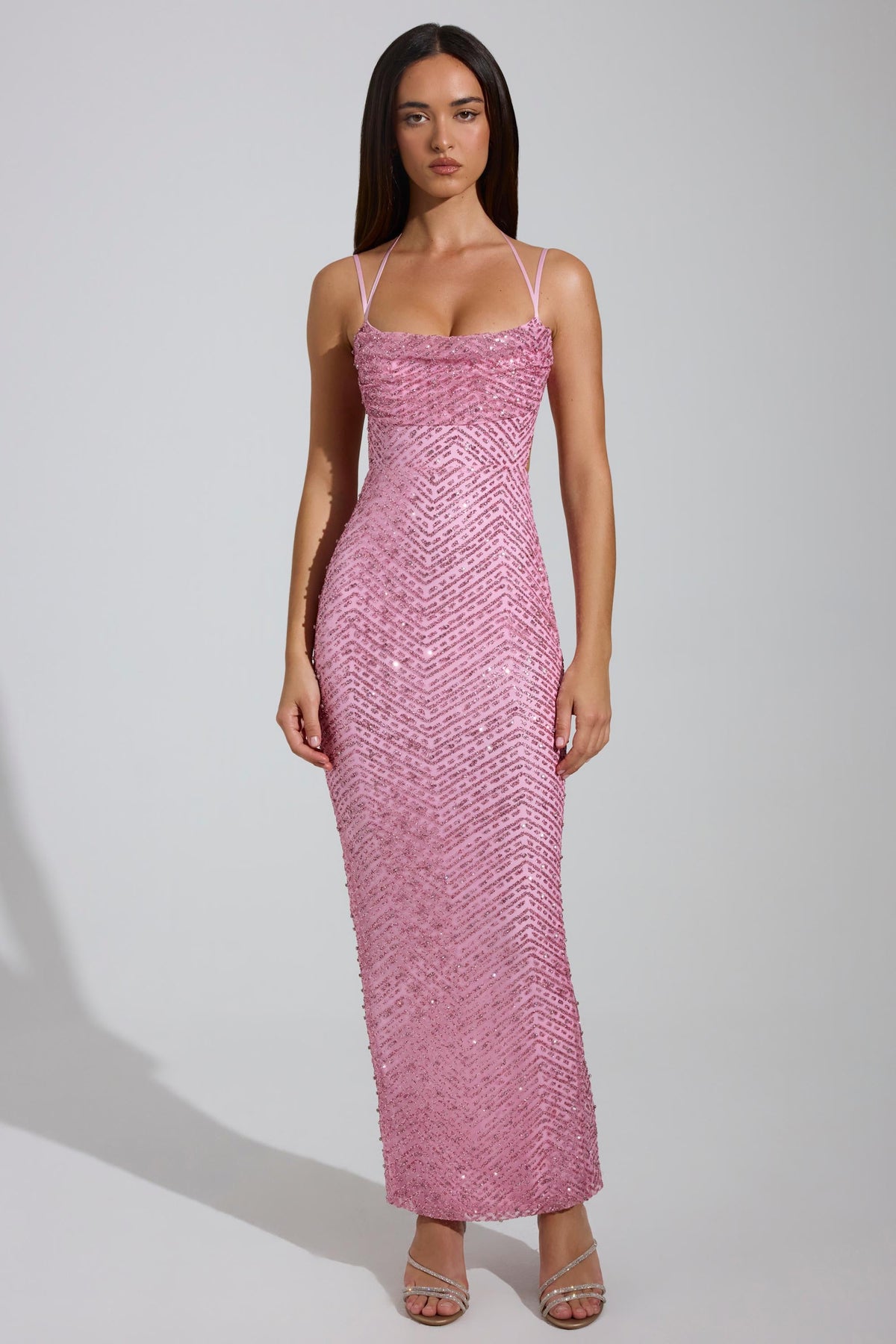 Embellished Cowl-Neck Maxi Dress in Pink – view 1
