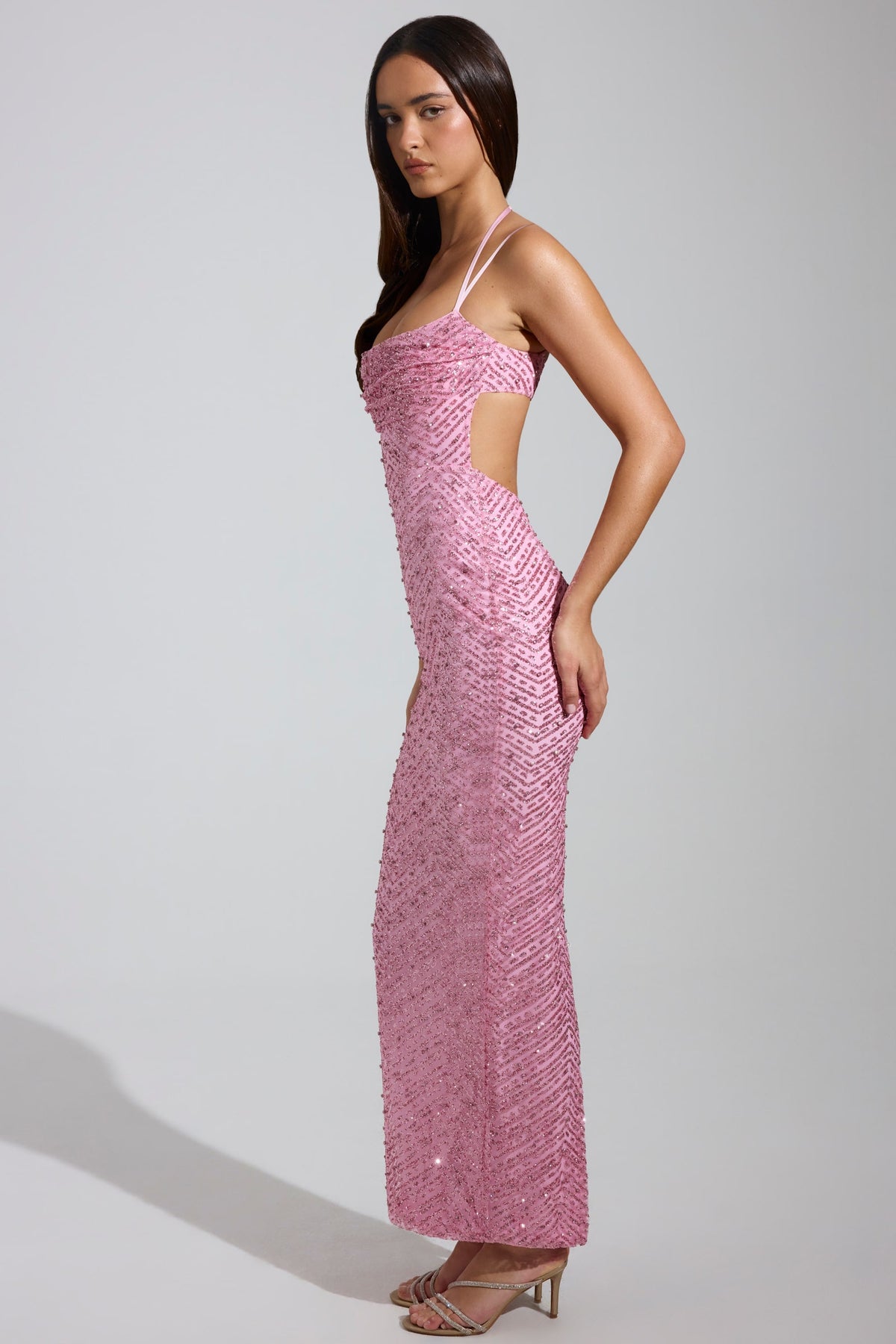Embellished Cowl-Neck Maxi Dress in Pink – view 3