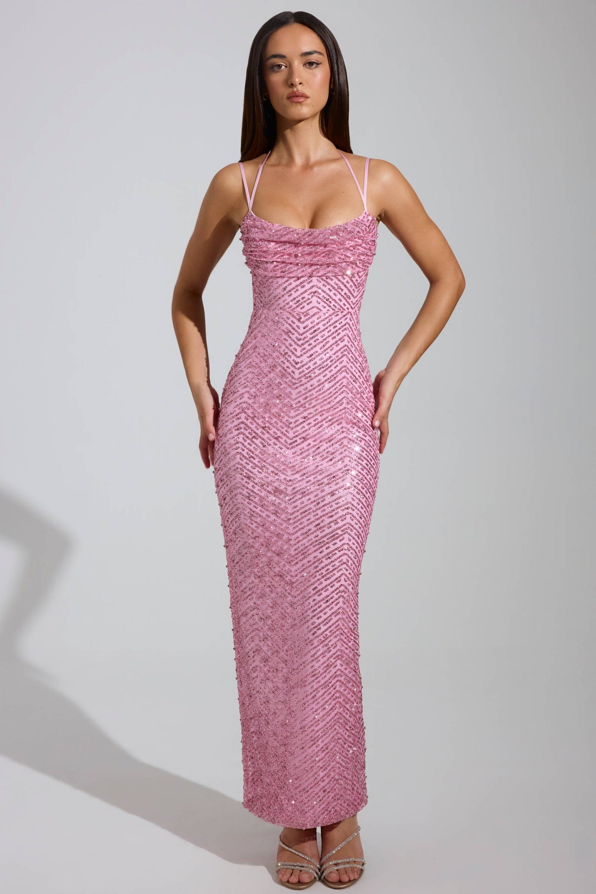 Embellished Cowl-Neck Maxi Dress in Pink – view 5