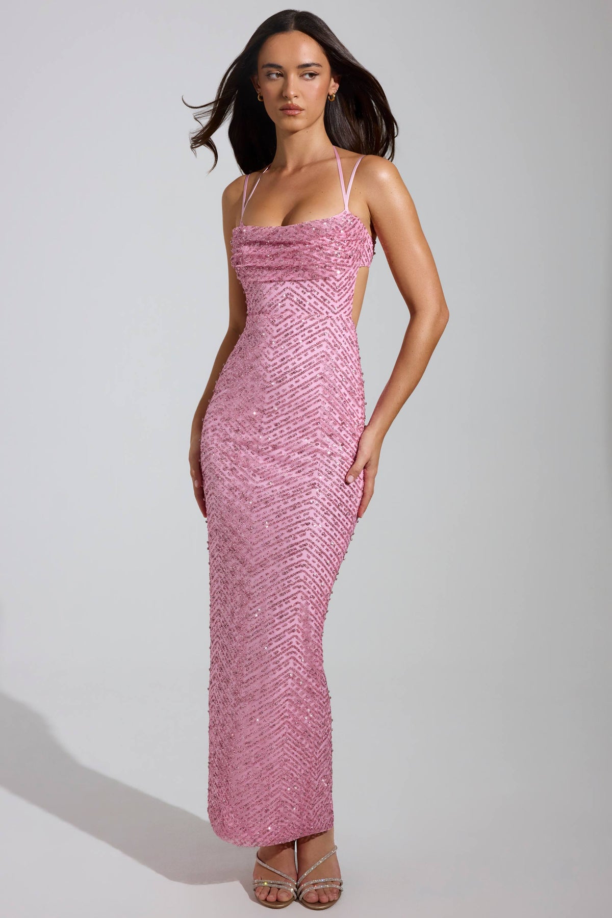 Embellished Cowl-Neck Maxi Dress in Pink – view 6