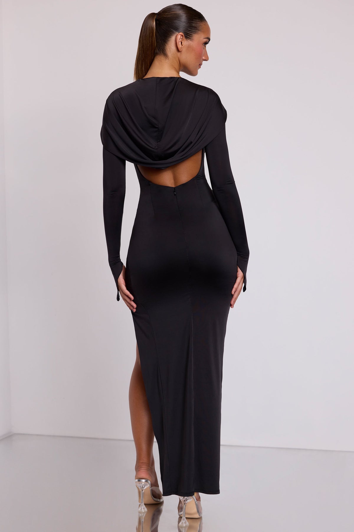 Hooded Long Sleeve Maxi Dress in Black – view 8