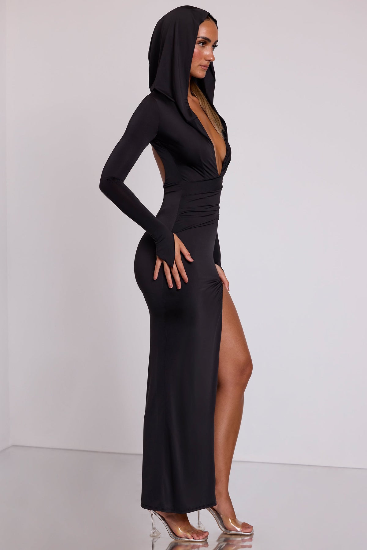 Hooded Long Sleeve Maxi Dress in Black – view 3