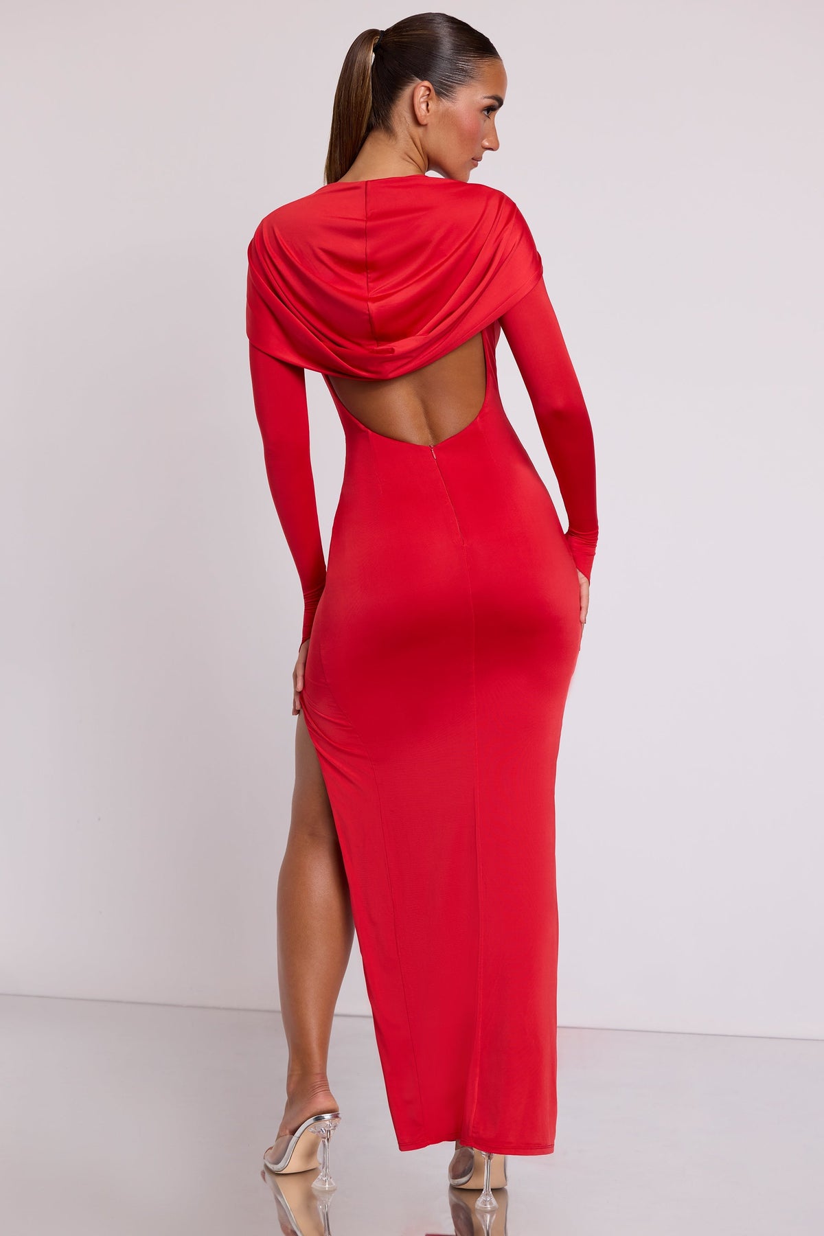 Hooded Long Sleeve Maxi Dress in Fire Red – view 10