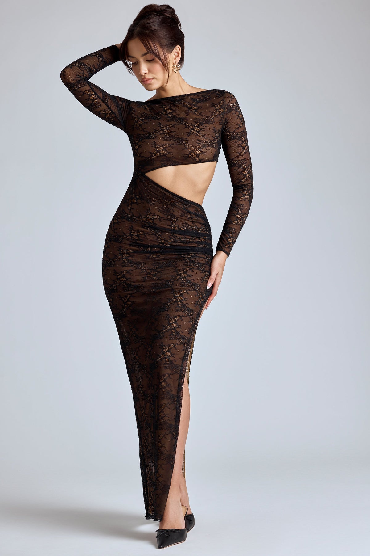 Lace Long Sleeve Maxi Dress in Black – view 5