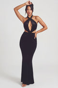 Velvet Halter Neck Maxi Dress in Jet Black – view 1