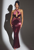 Velvet Halter Neck Maxi Dress in Wine – view 1