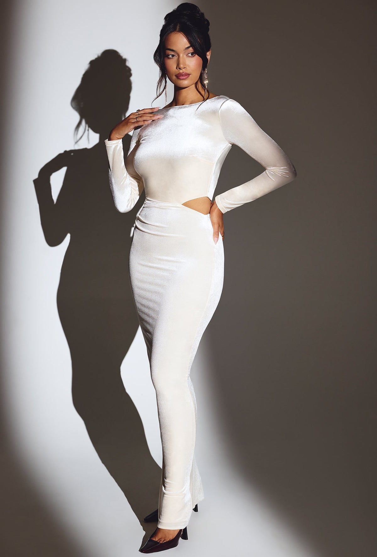 Velvet Long Sleeve Maxi Dress in Ivory – view 8