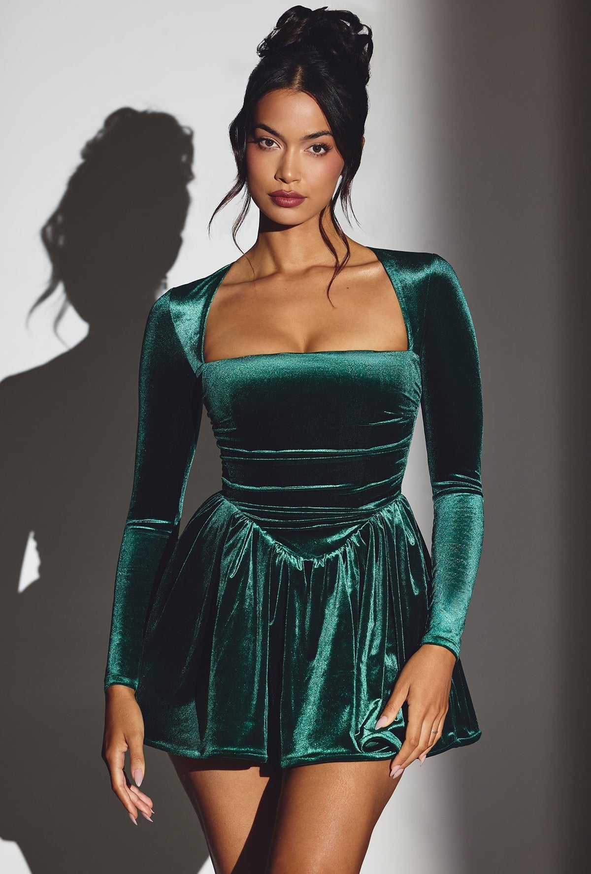 Velvet Long Sleeve Corset Mini Dress in Emerald Green – view 6