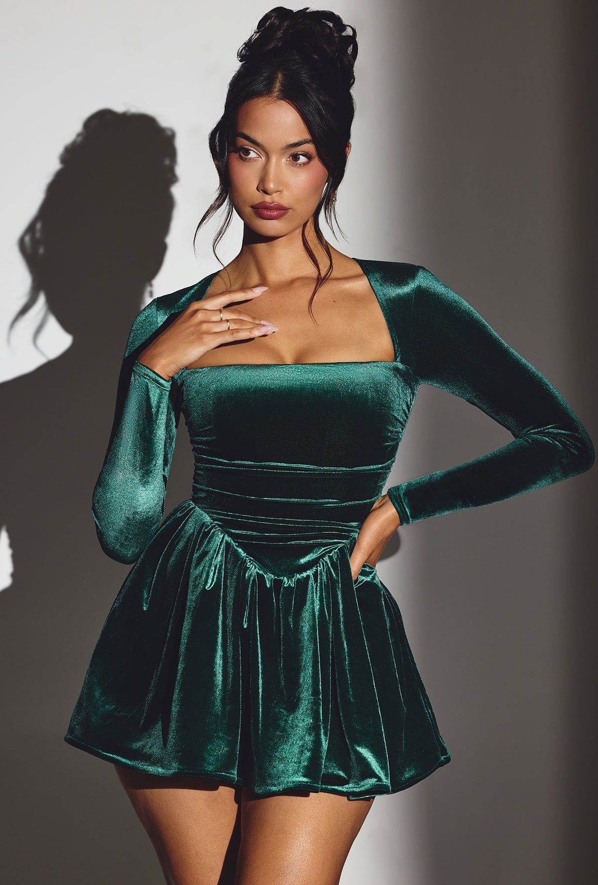 Velvet Long Sleeve Corset Mini Dress in Emerald Green – view 7