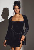 Velvet Long Sleeve Corset Mini Dress in Jet Black – view 1
