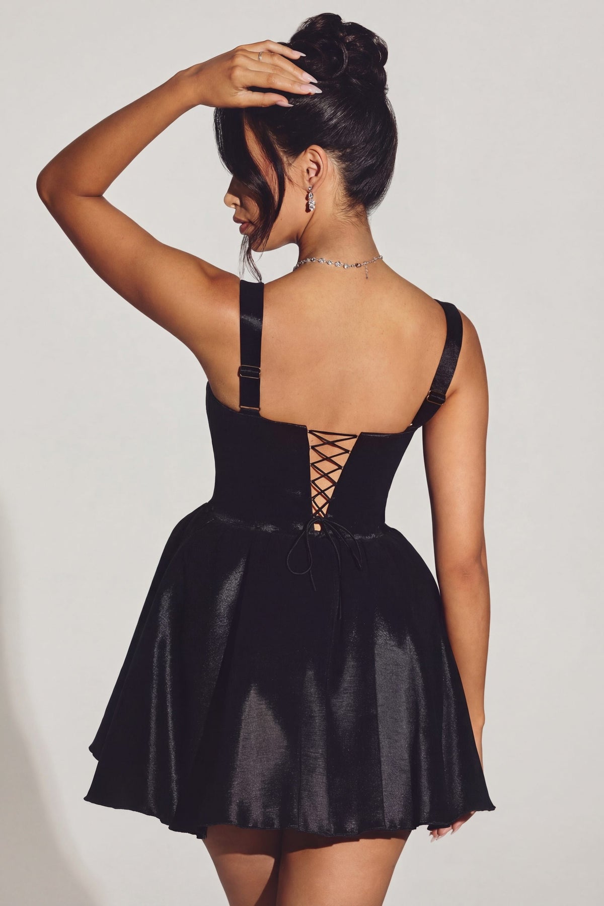 Woven Taffeta Corset Mini Dress in Jet Black – view 7