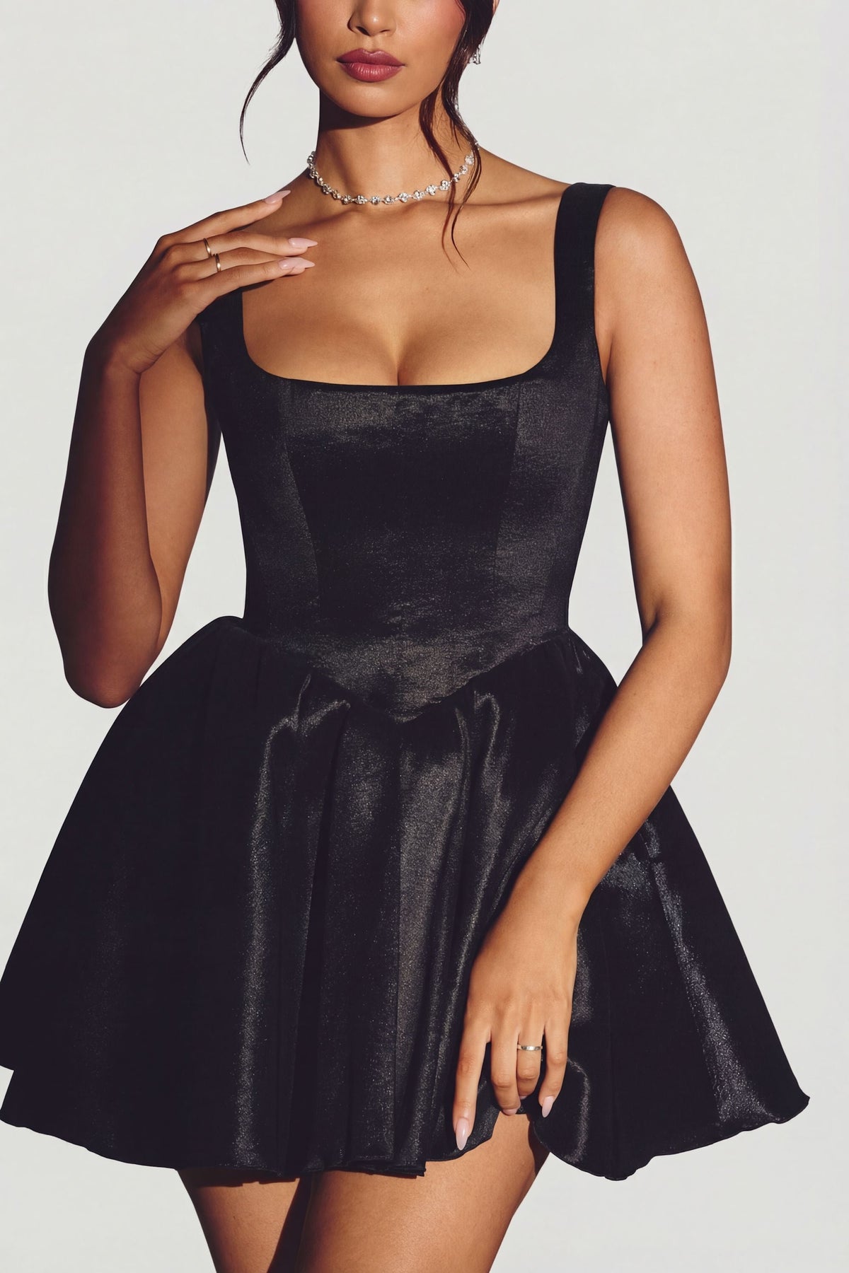 Woven Taffeta Corset Mini Dress in Jet Black – view 8