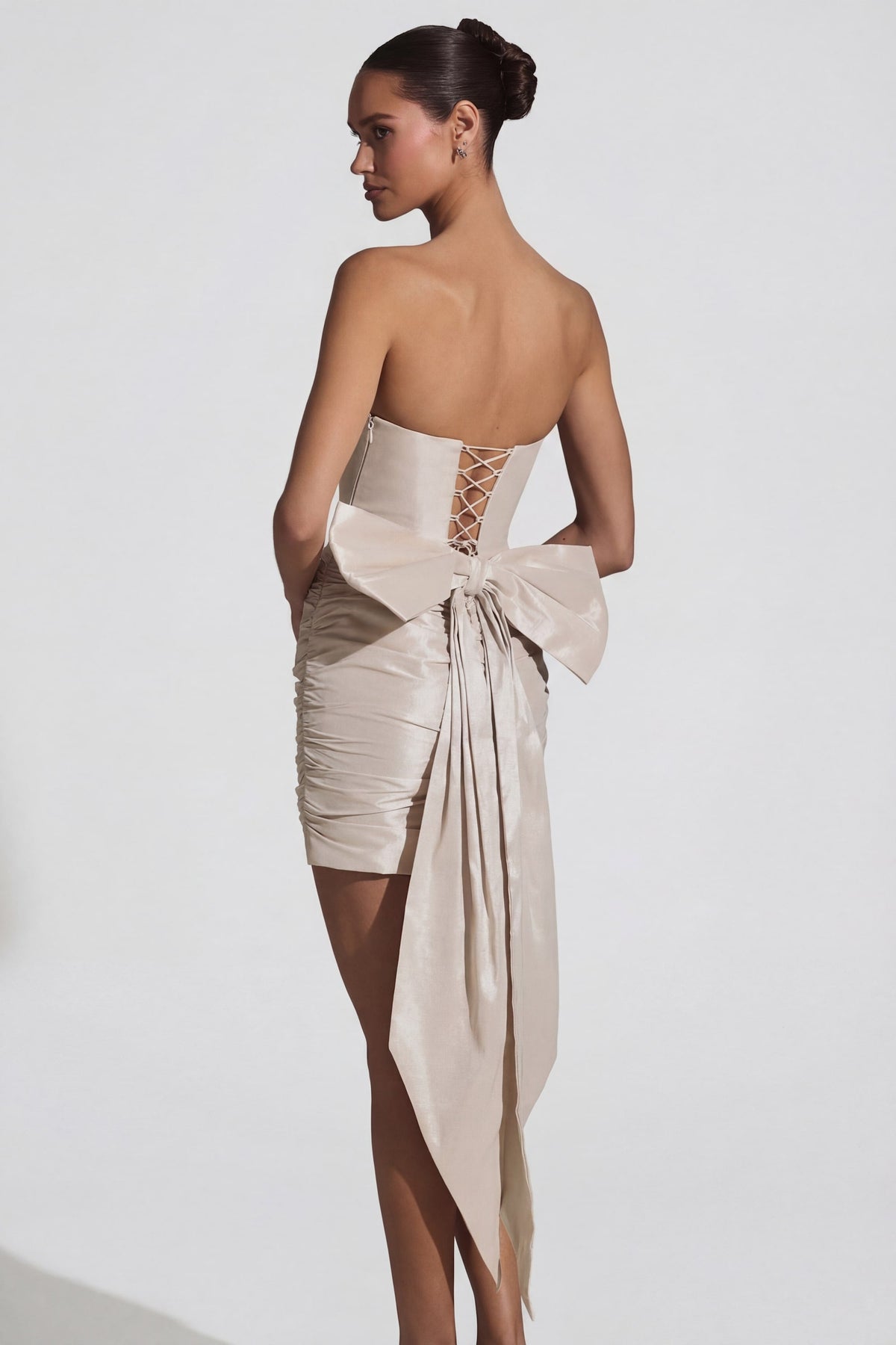 Satin Bow-Detail Strapless Mini Dress in Ivory – view 2