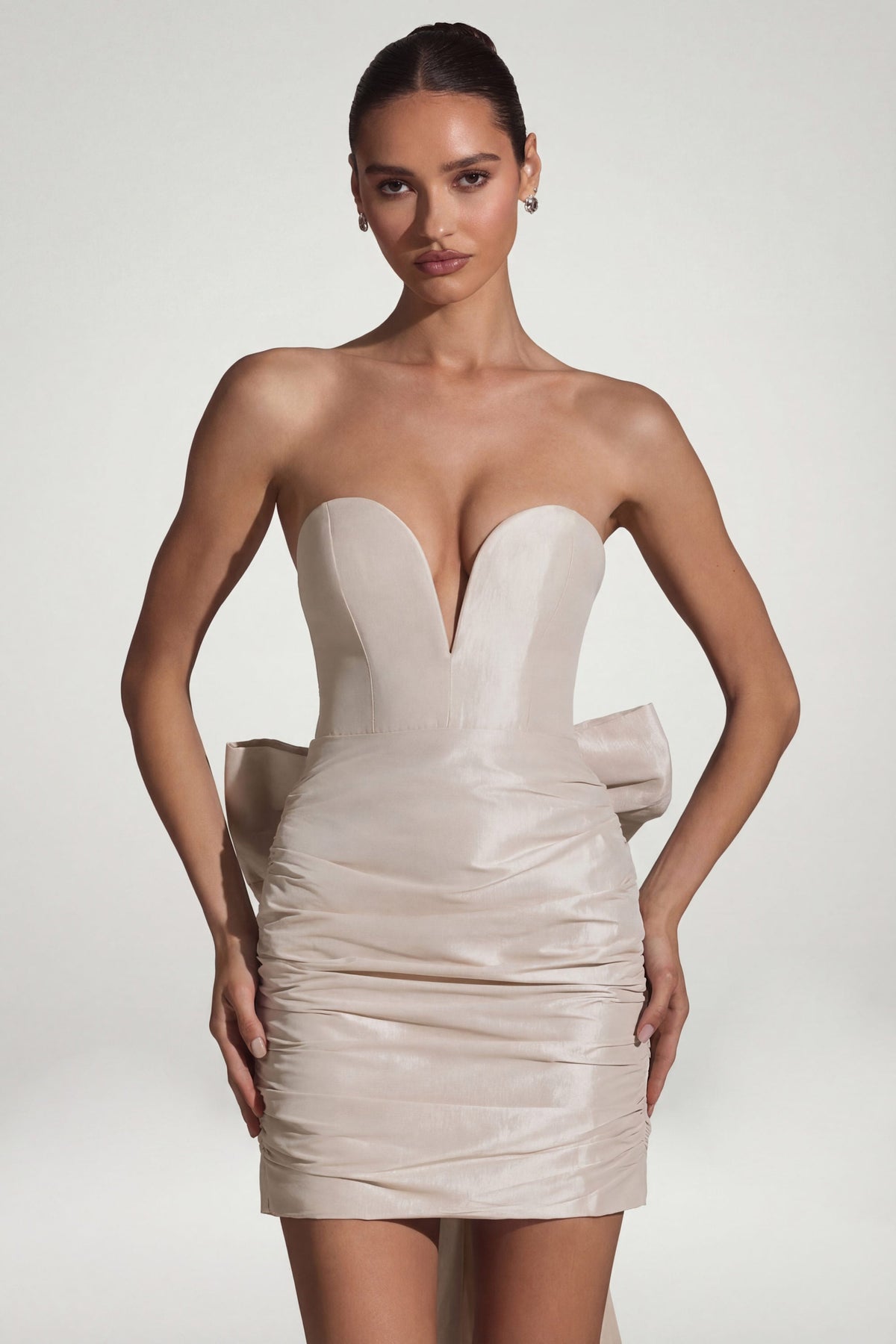 Satin Bow-Detail Strapless Mini Dress in Ivory – view 1