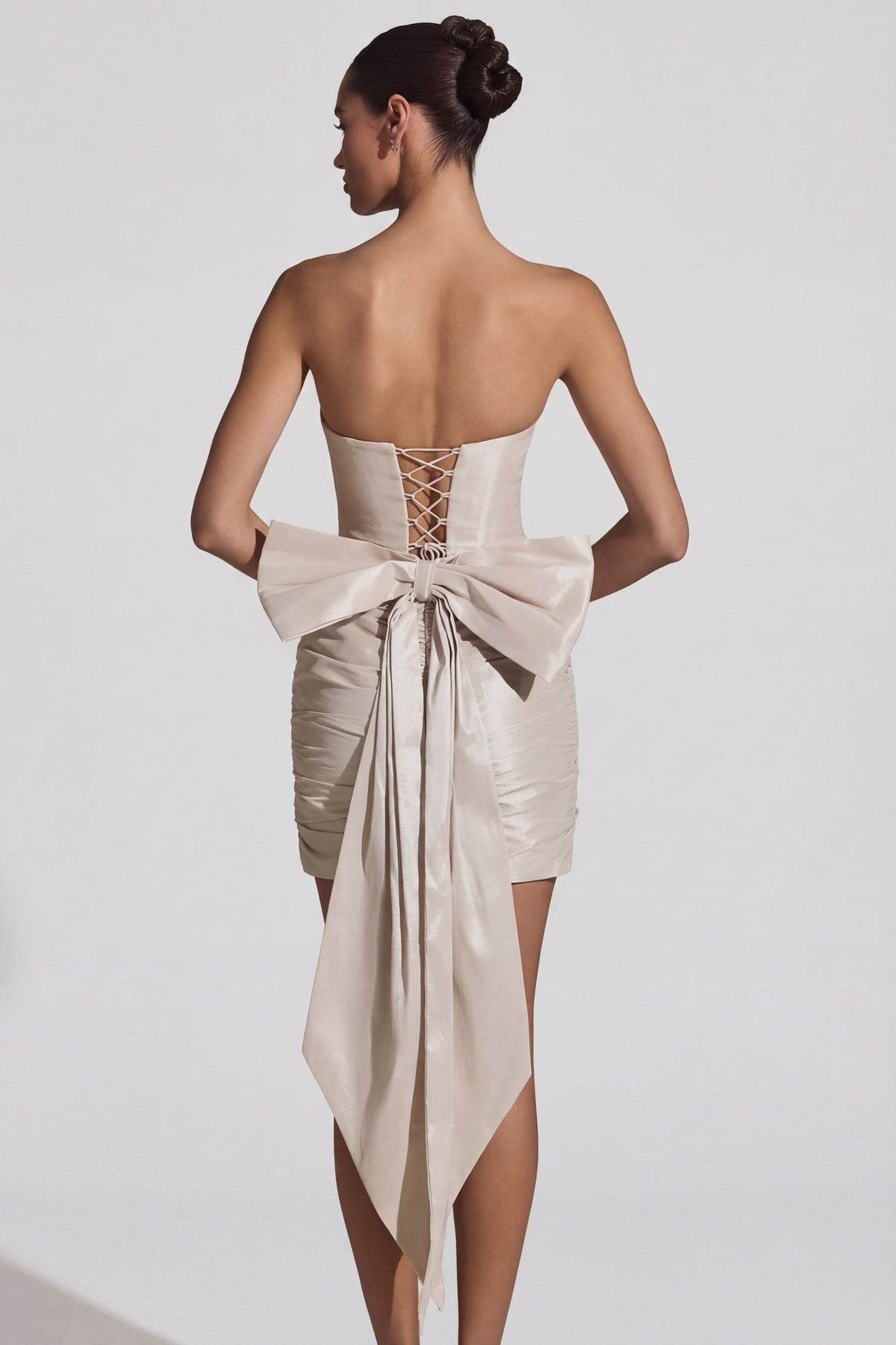 Satin Bow-Detail Strapless Mini Dress in Ivory – view 7