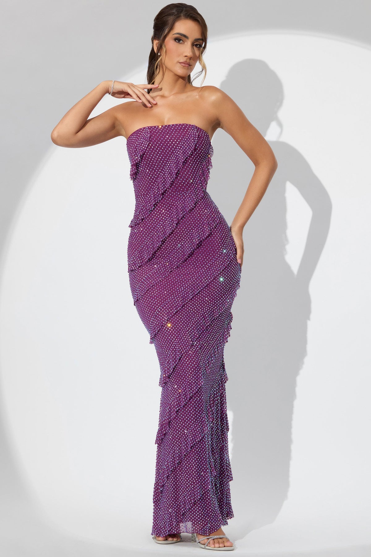Embellished Bandeau Ruffle Maxi Dress in Plum – view 7