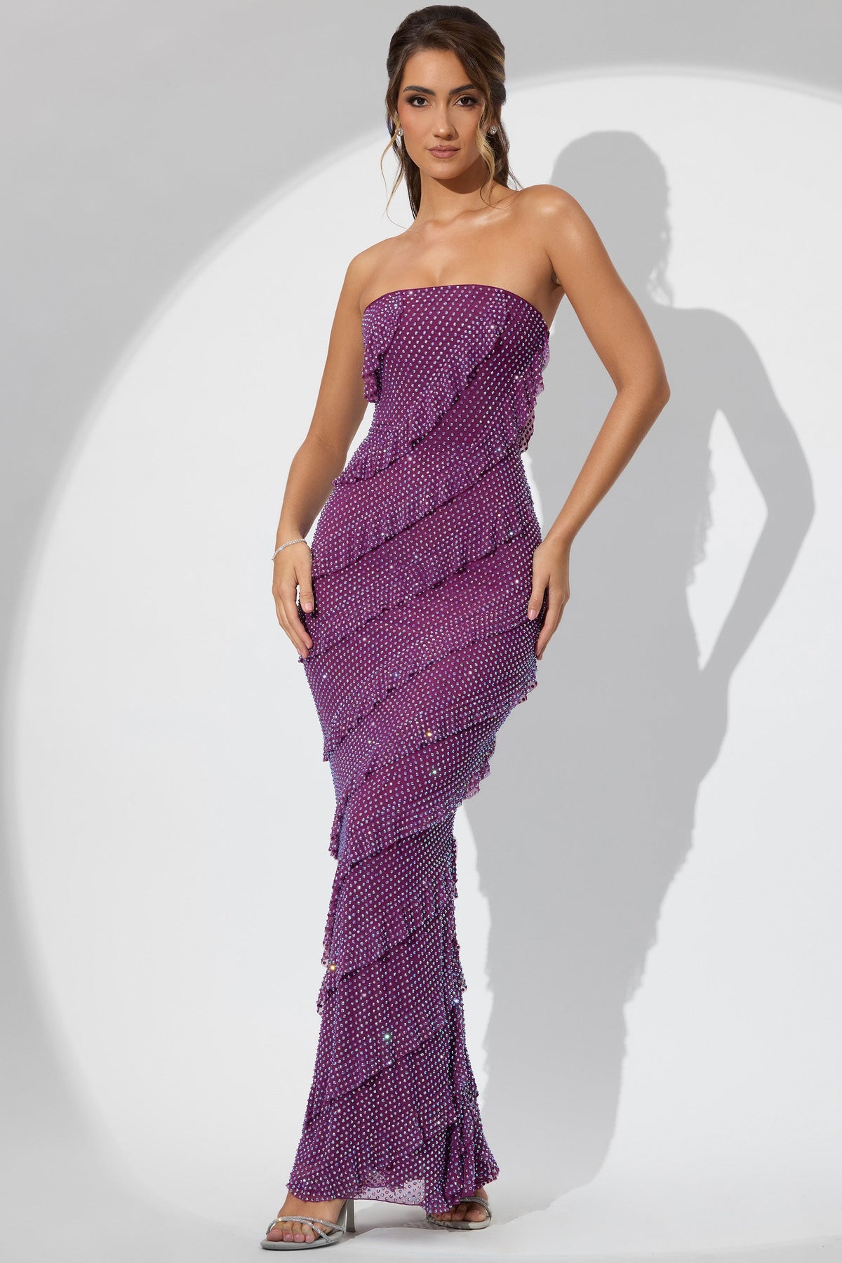 Embellished Bandeau Ruffle Maxi Dress in Plum – view 8