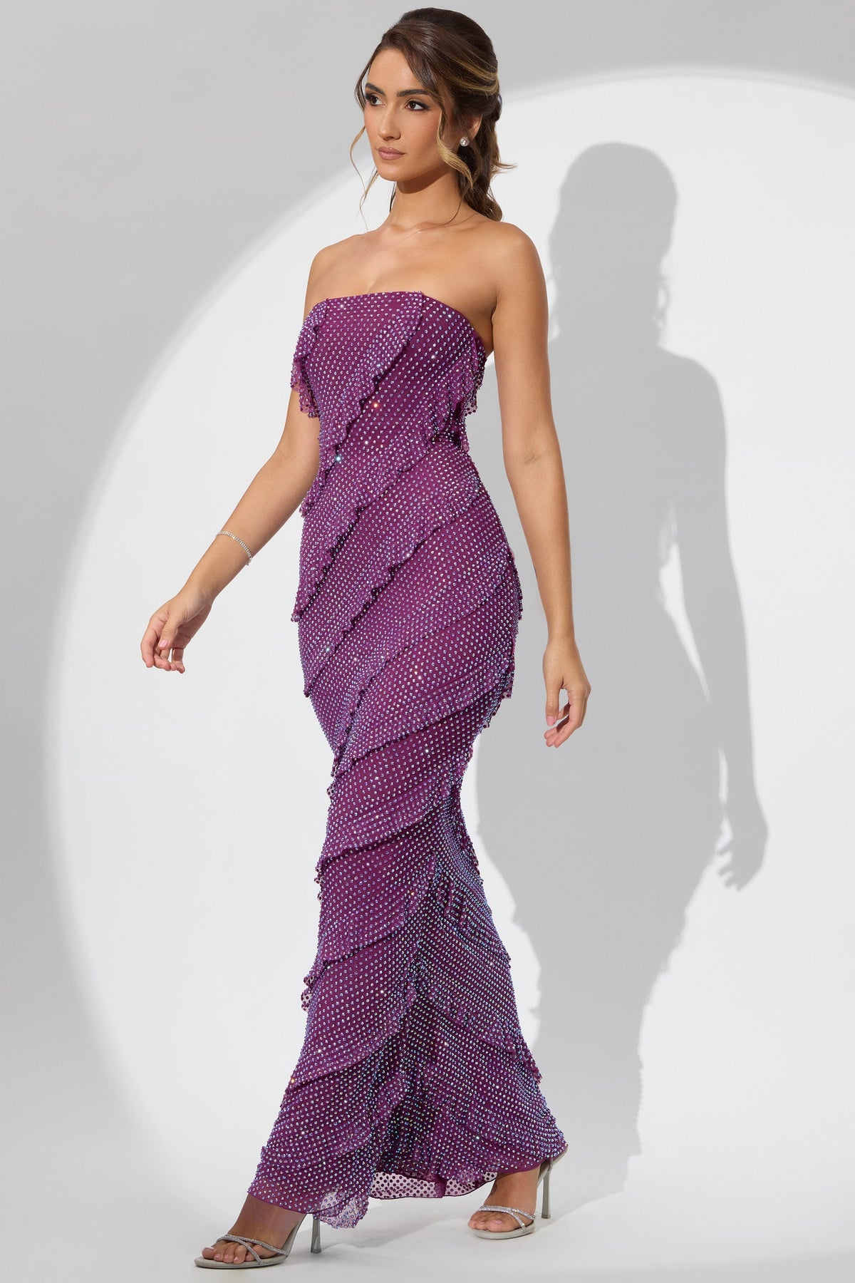 Embellished Bandeau Ruffle Maxi Dress in Plum – view 9
