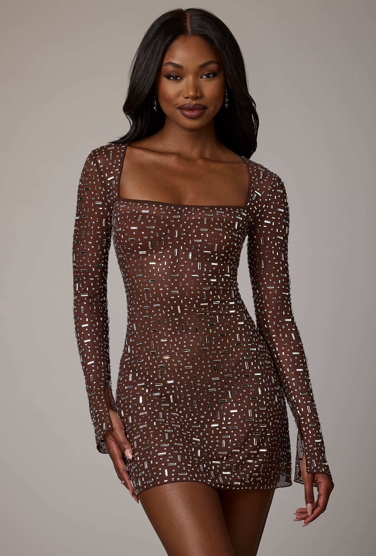 Sheer Embellished Long Sleeve A-Line Mini Dress in Deep… – Queensley