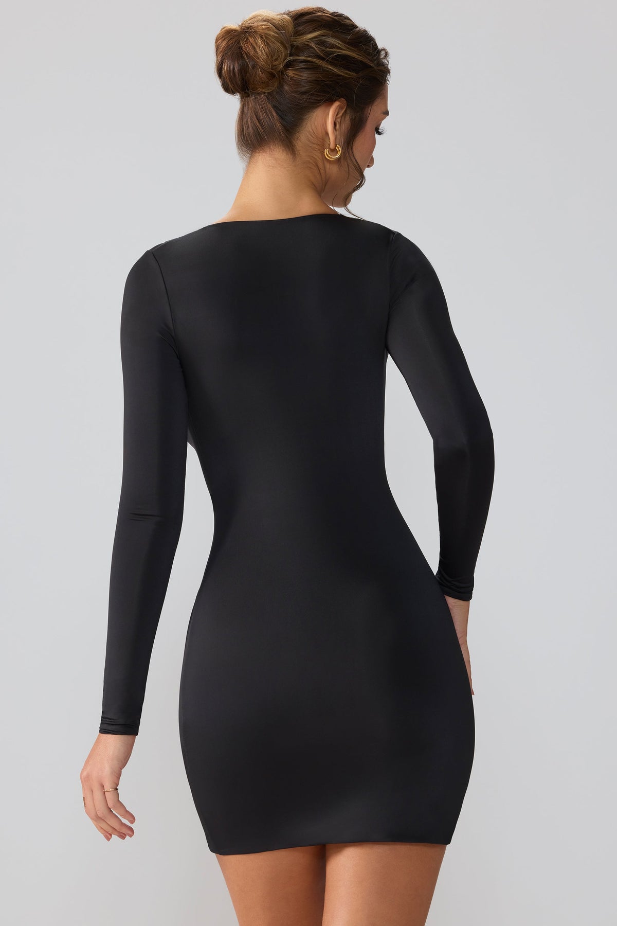 Slinky Jersey Long Sleeve Plunge Neck Mini Dress in Black – view 2