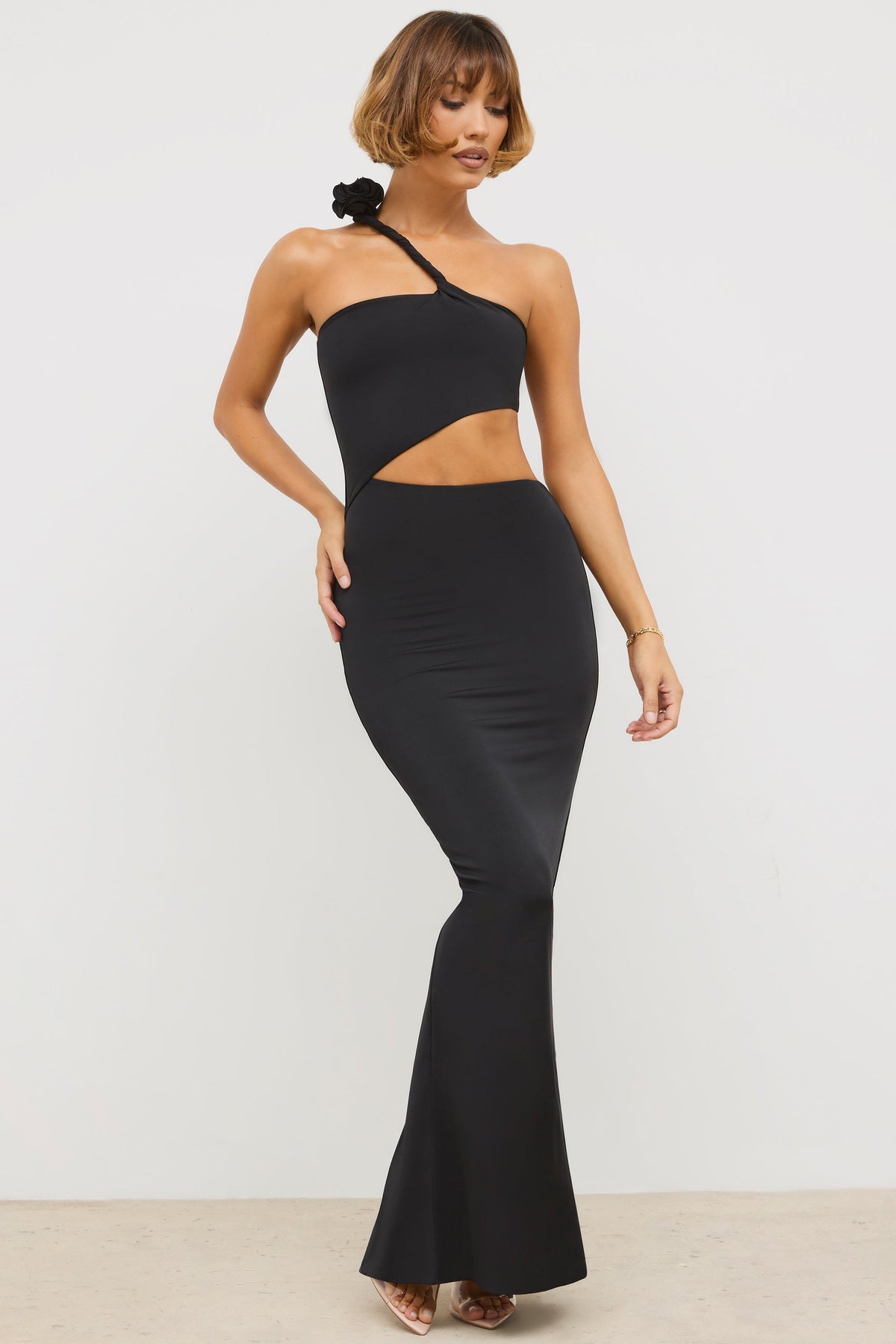 Jersey Asymmetric Cut Out Maxi Dress in Black – view 1