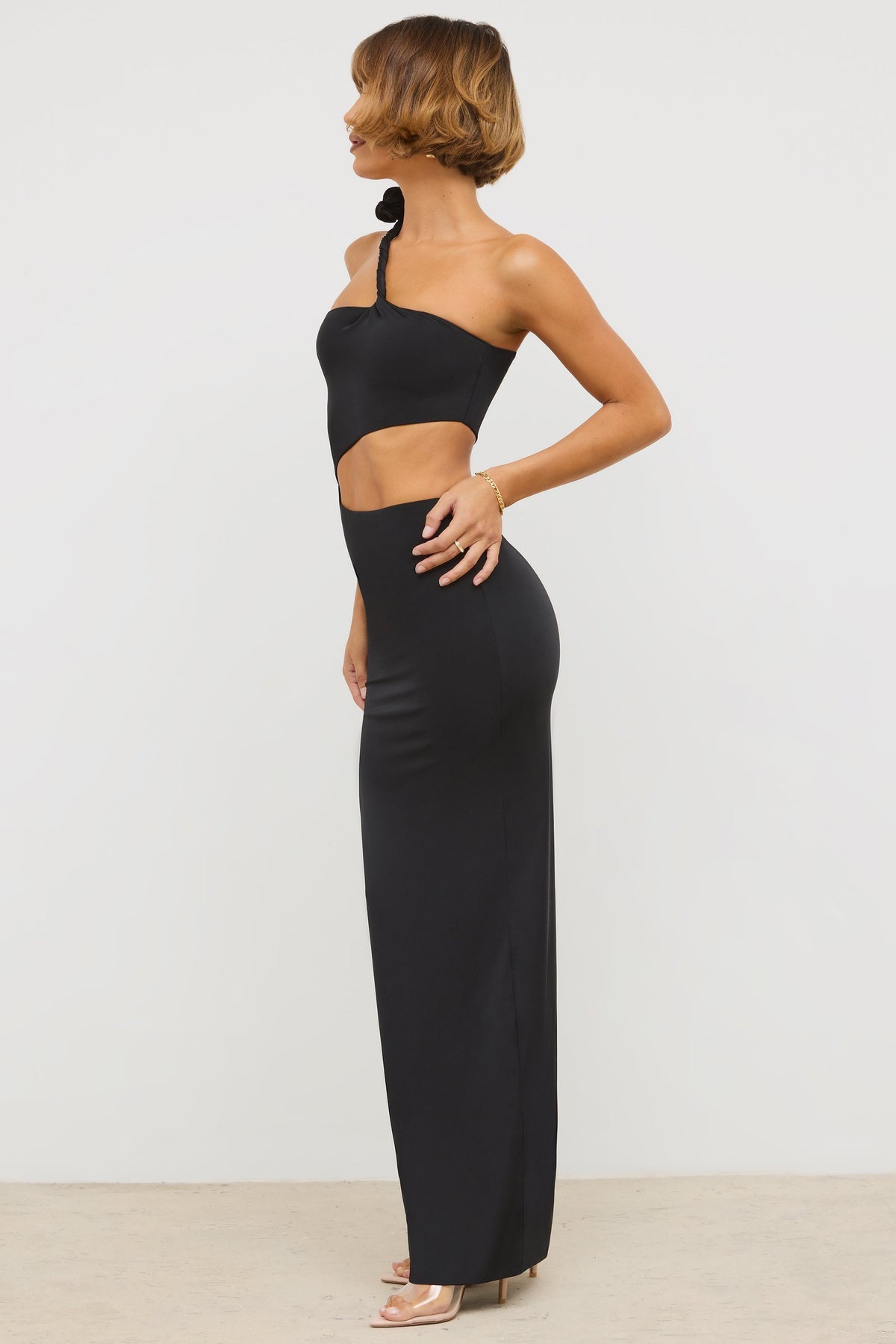 Jersey Asymmetric Cut Out Maxi Dress in Black – view 3