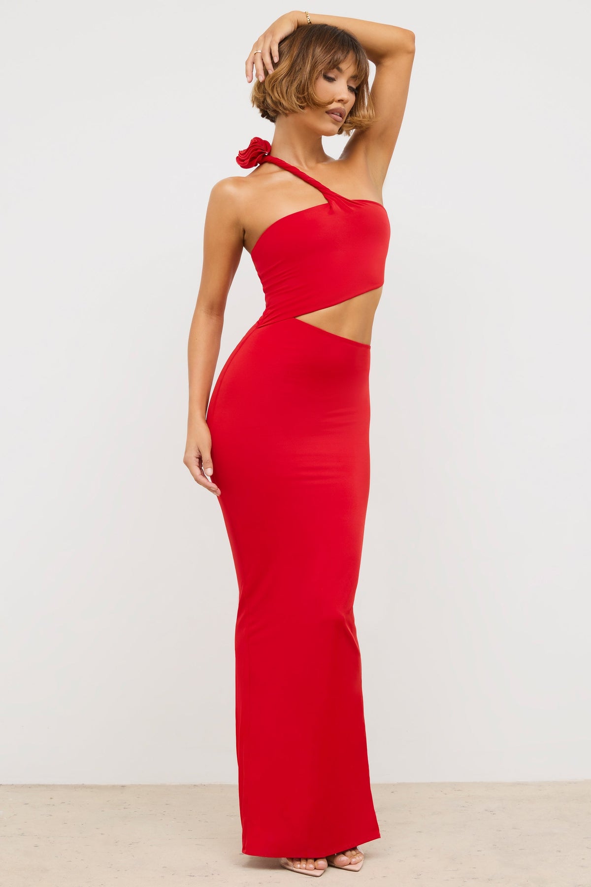 Jersey Asymmetric Cut Out Maxi Dress in Scarlet Red – view 8