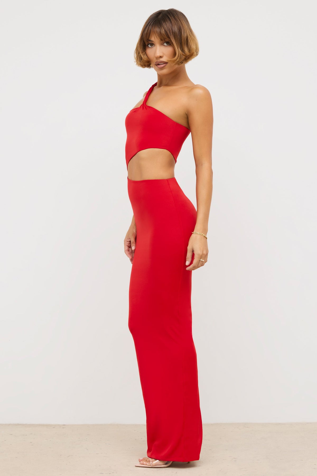 Jersey Asymmetric Cut Out Maxi Dress in Scarlet Red – view 3
