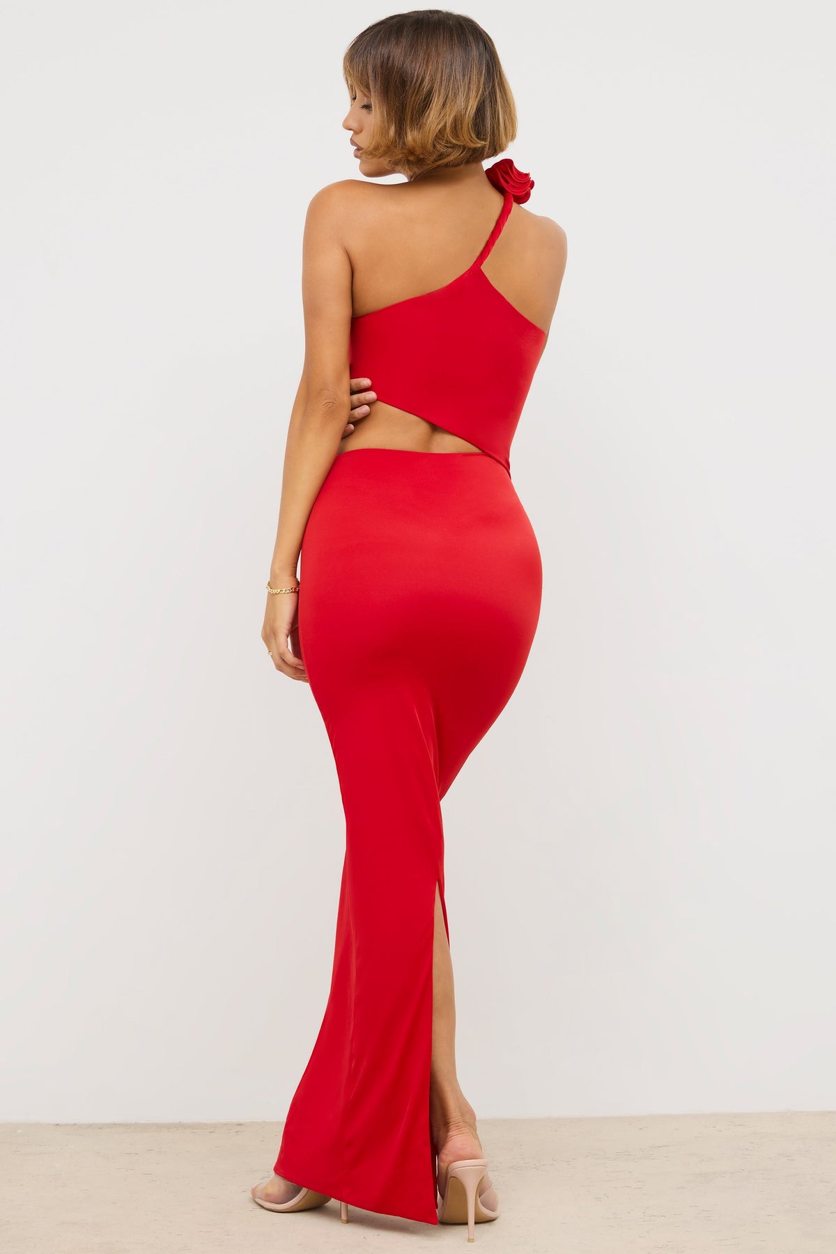 Jersey Asymmetric Cut Out Maxi Dress in Scarlet Red – view 2