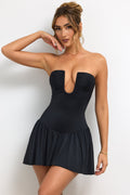 Slinky Jersey Strapless Plunge Neck Mini Dress in Black – view 1